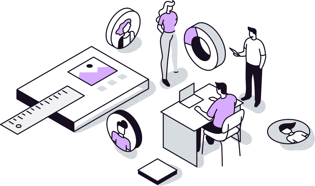 Illustration of a team collaborating on website design and ongoing improvements