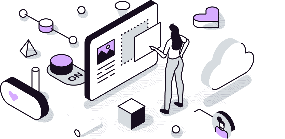 Illustration of a designer building a website, surrounded by connected digital tools